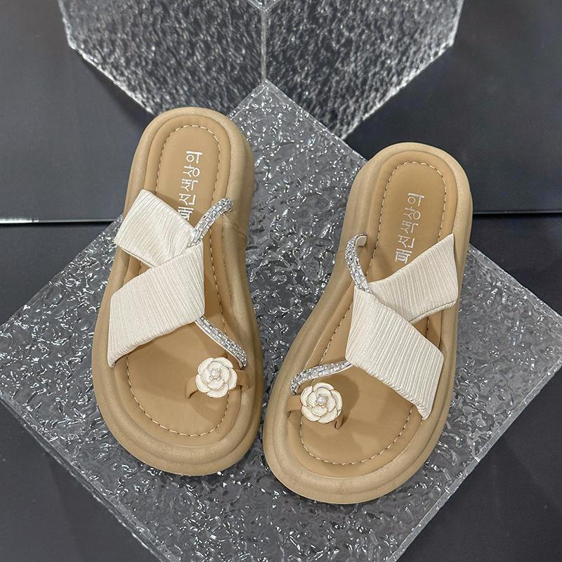 

High-end French platform slippers women s 2025 summer new outer wear niche metal flower set toe fashion slippers 40 хаки