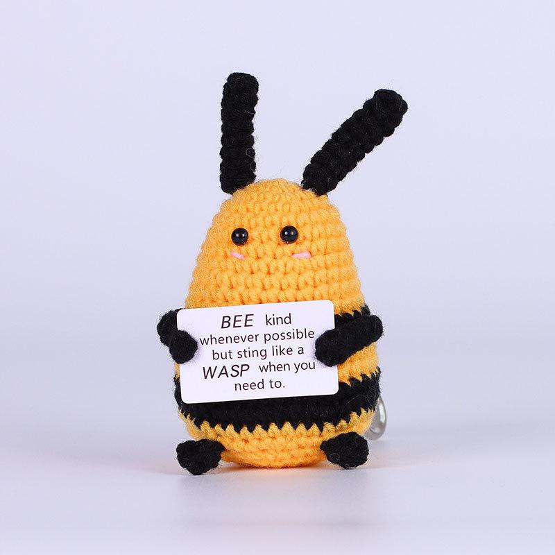 Funny Crochet Positive Energy Shark Doll with Card Home Room Decoration Handmade Wool Knitted Bee Ornament Christmas Party Gift