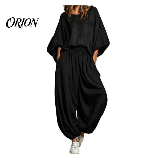 Loose Fit Women Set Women's 2 Piece Sets, Crew Neck Batwing Sleeve Top Two-piece And Lantern Pants Summer Travel Vacation Outfits with Pockets Suit