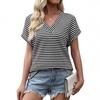 2026 Women's Summer New V-Neck Striped Pineapple Plaid Loose Short Sleeve T-Shirt Top