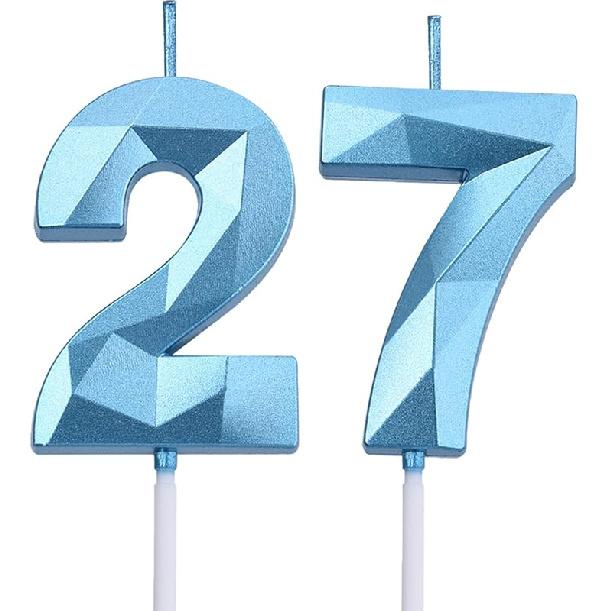 2 inch Black 27 Birthday Candles, 3D Diamond Number 27th Cake Topper for Boys Girls Birthday Party Decorations Theme Party 27 синий