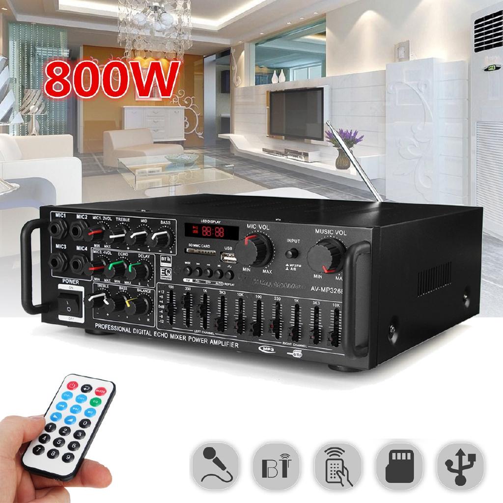 800W 220V - 240V EQ Bluetooth Stereo Amplifier 4 Ohm 2CH USB 64GB Disk/SD Card Car Home 220V