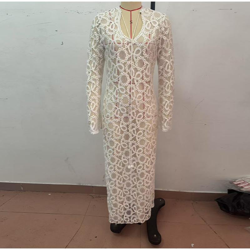 Elegant See Through Split Dress Women White Lace Up Deep V-neck Long Sleeve Female Dresses Loose Lady Dress