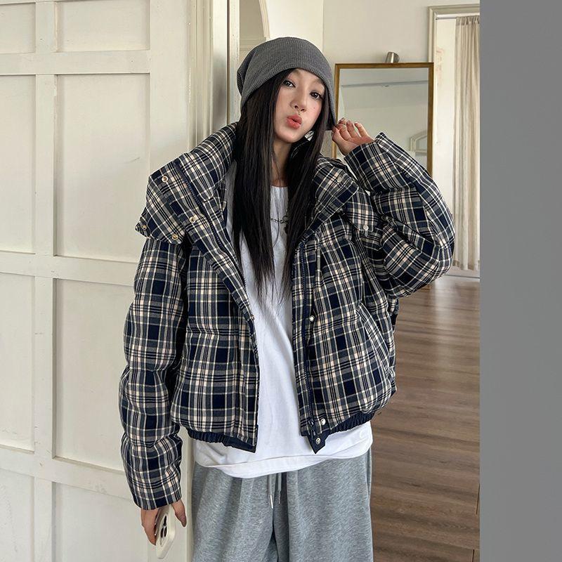 Зимнее хлопковое пальто в клетку в корейском стиле, короткая теплая утолщенная куртка M тёмно-синий
