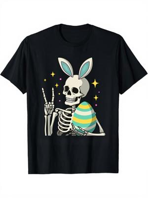 Skeleton Bunny Easter Egg Peace Sign Graphic T-Shirt Casual Loose Cotton Tee for Men Women