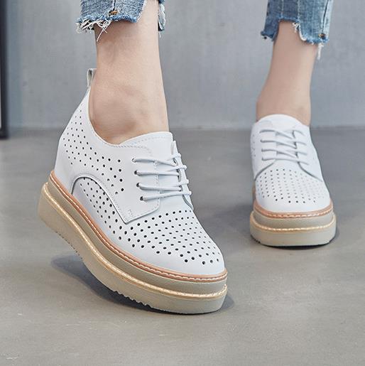 Fashion 7cm Spring Summer Breathable Genuine Leather Women Shoes Slip On High Heels Round Toe Height Increasing Women Casual Shoes