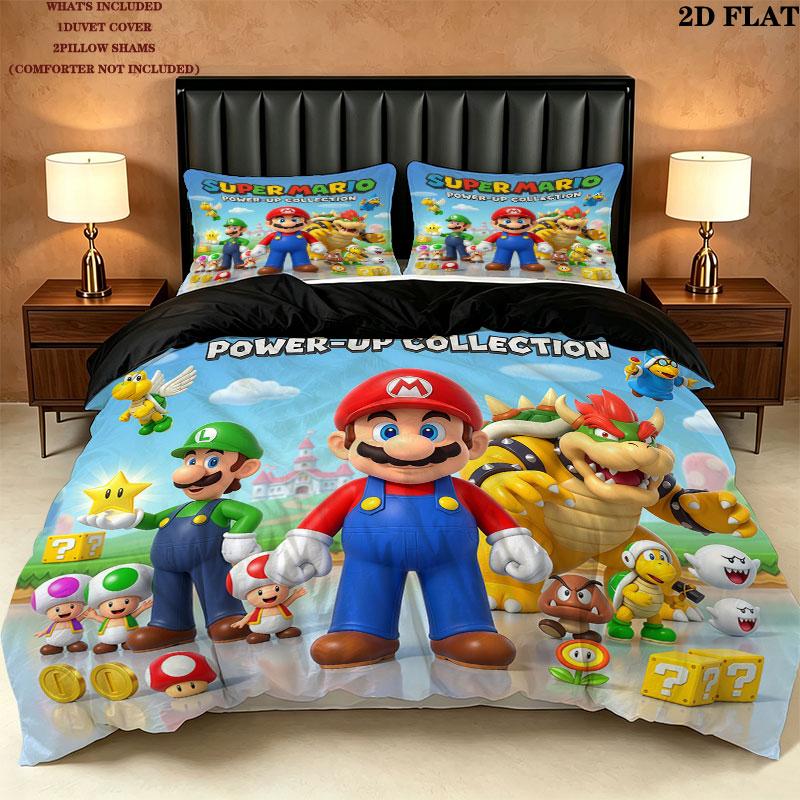 Super Mario Pattern Bedding Quilt Set Quilt Cover Pillowcase Home Birthday Gift(1 * duvet cover + 2 * pillowcase, without core)