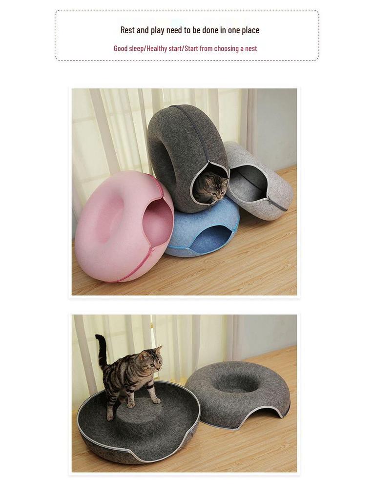 Donut Tunnel Style Felt Cat Bed - Breathable, Removable, Washable, All-Season Use