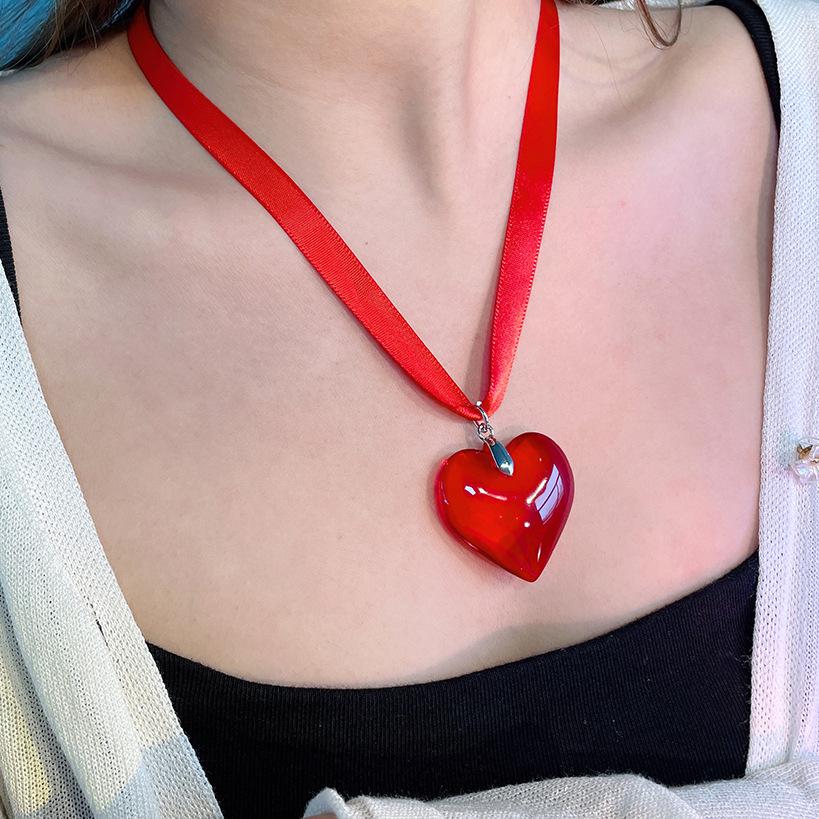 6 Colors Hip Hop Colorful Love Heart Pendant Necklace Women Punk Silver Color Beads Chain Grunge Jewelry Accessories Steampunk