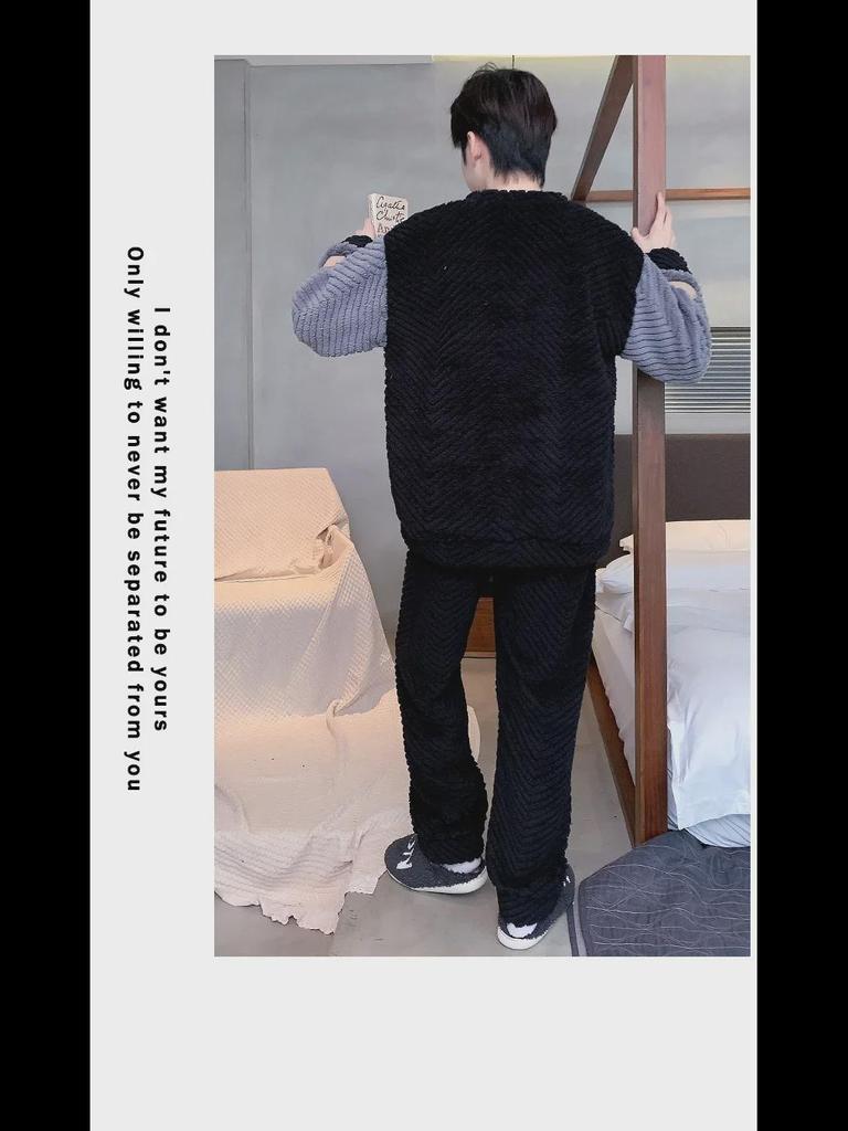 Men's Winter Coral Fleece Pajamas: Outdoor Wearable, Thickened Flannel, One-Piece Home Clothing