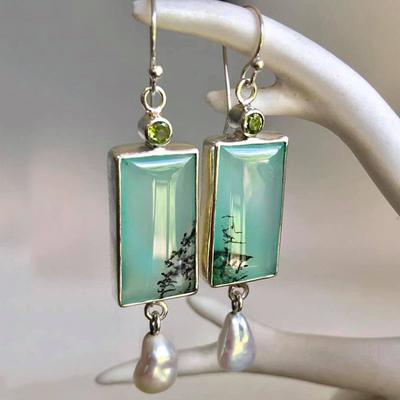 Vintage Square Green Opal Stone Dangle Earrings for Women Ethnic Copper Color Round Stone Pearl Earring Party Jewelry