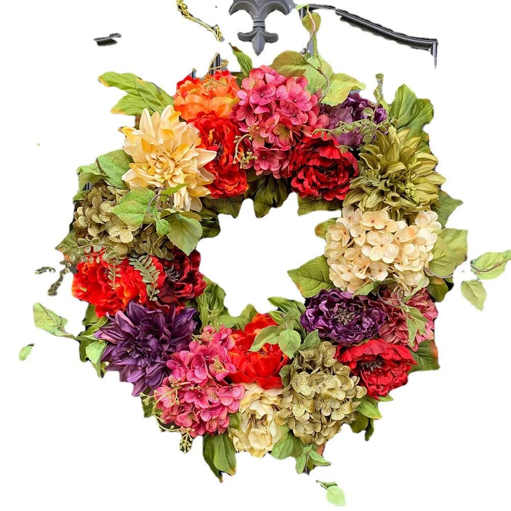 New Spring Summer Simulated Hydrangea Wreath Front Door Garland Colorful Simulated Peony Wreath Front Door Wall Hanging Decorati