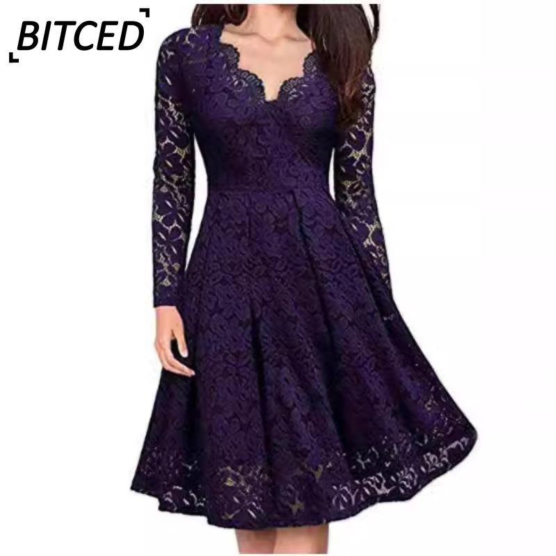 BITCED Fashion Summer Spring Solid Color Print Long Sleeve V-Neck Casual Dresses