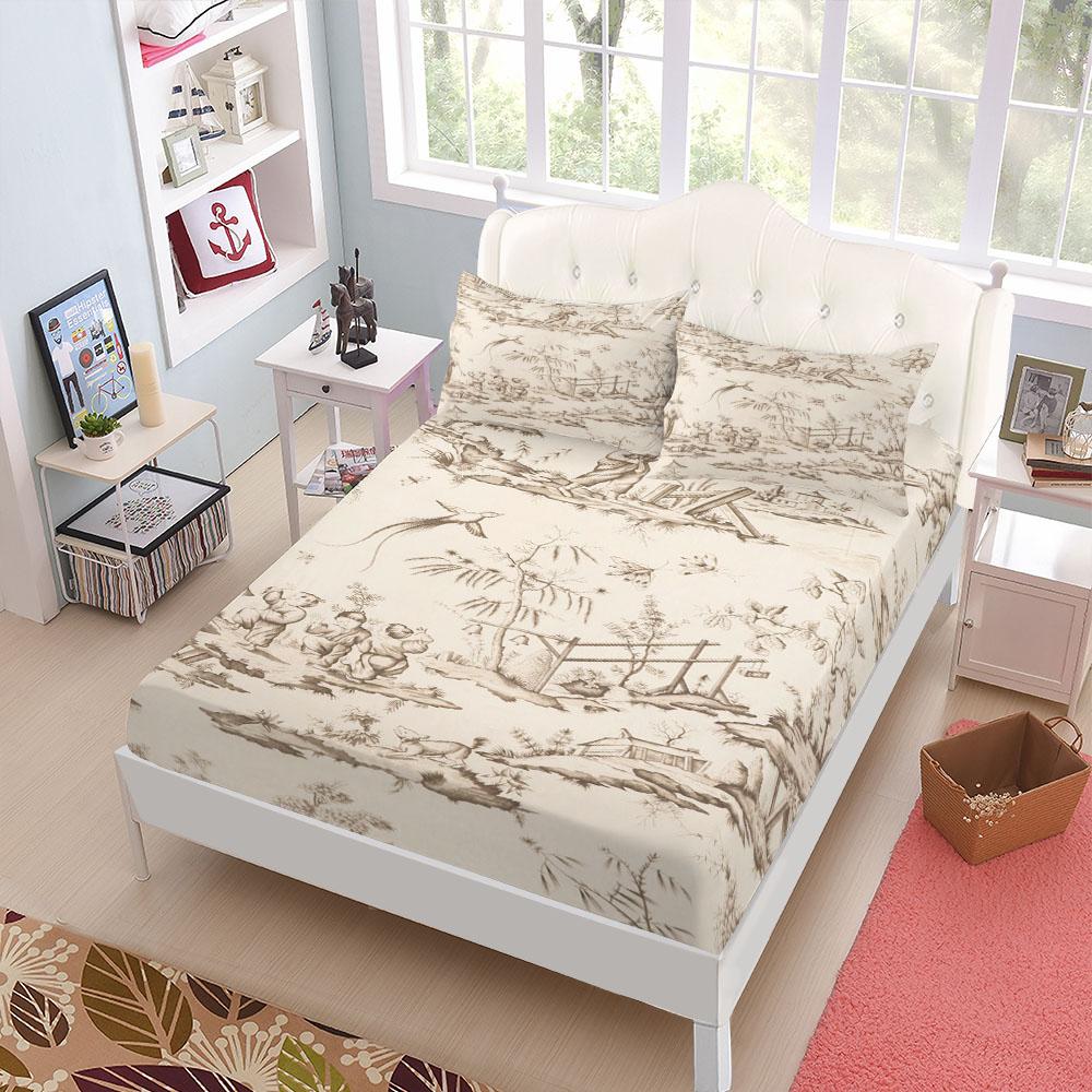 Chinoiserie Toile Pattern Fitted Sheet Set King Queen Double Full Size Bed Linen Set