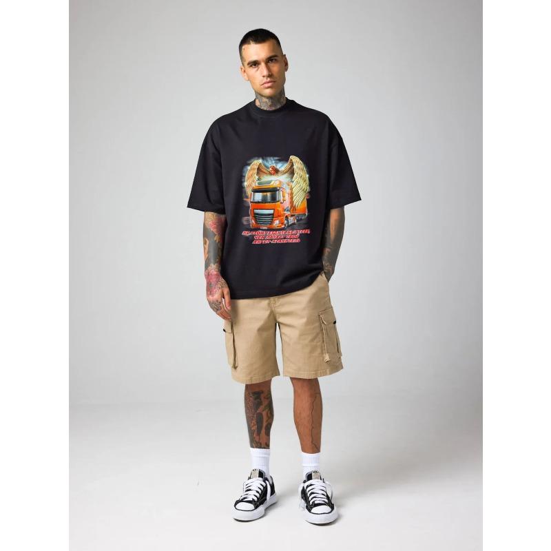 Men's T-Shirt White Truck with Wings and Russian Text Graphic Casual Wear for Everyday Use