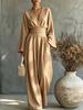 2026 Women's Solid Color V-Neck Waist Jumpsuit Long Sleeve High Waist Skinny Wide Leg Pants Vacation Set