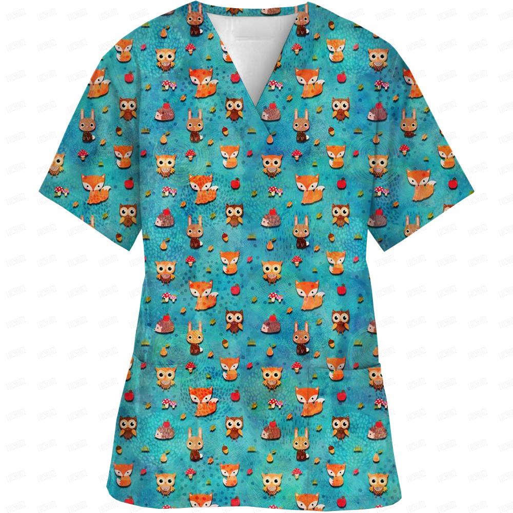 

Женская пасхальная униформа медсестры с рисунком из мультфильмов, короткий рукав, V-образный вырез, рабочая эластичная одежда, медицинские халаты, комбинезоны, униформа для сиделок XL