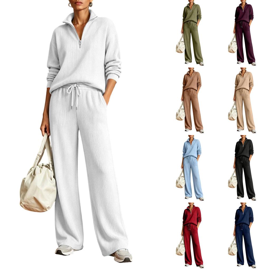 Women's Casual Half Zip Pullover Sweater and Wide Leg Pants Two Piece Set Lightweight Knit Loungewear Tracksuit for Everyday Wear
