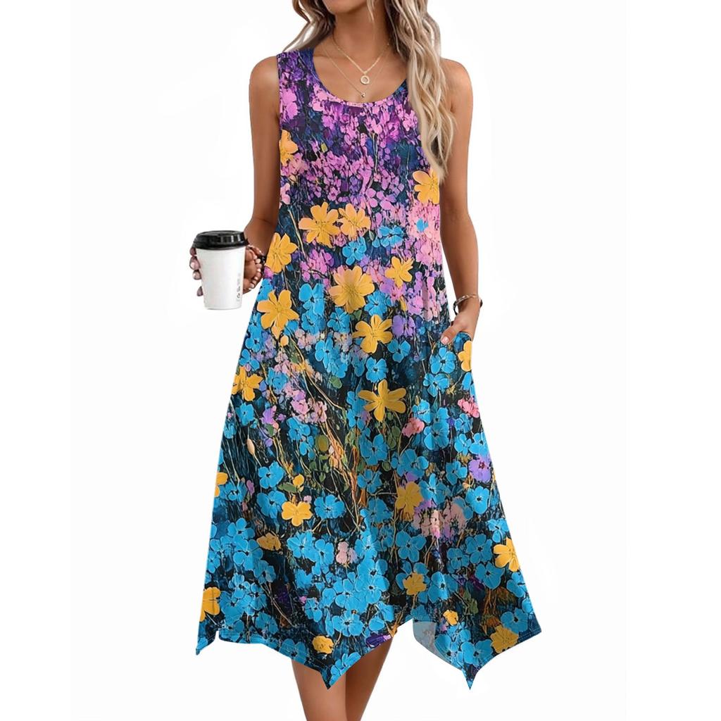 Women Casual Sleeveless Summer Dresses  Spring Crewneck Patchwork Boho Floral Ruffle Cocktail Party Midi Dress