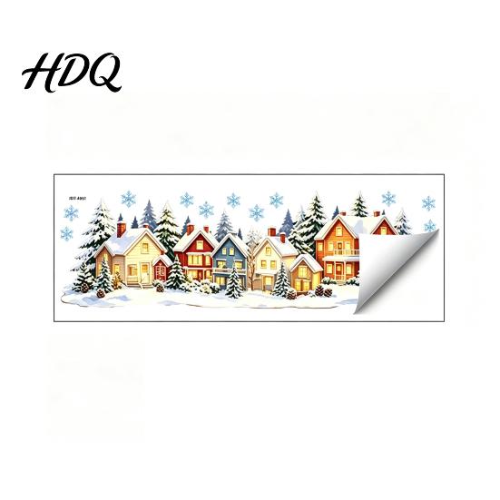 Seasonal Home Decoration Christmas Snow Village Static Window Cling Glowing Warm Scenery Sticker Indoor Holiday Wall Mural for Glass Snowman