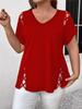2026 Plus Size V-Neck Cross Strap Hollow Short Sleeve Women's T-shirt