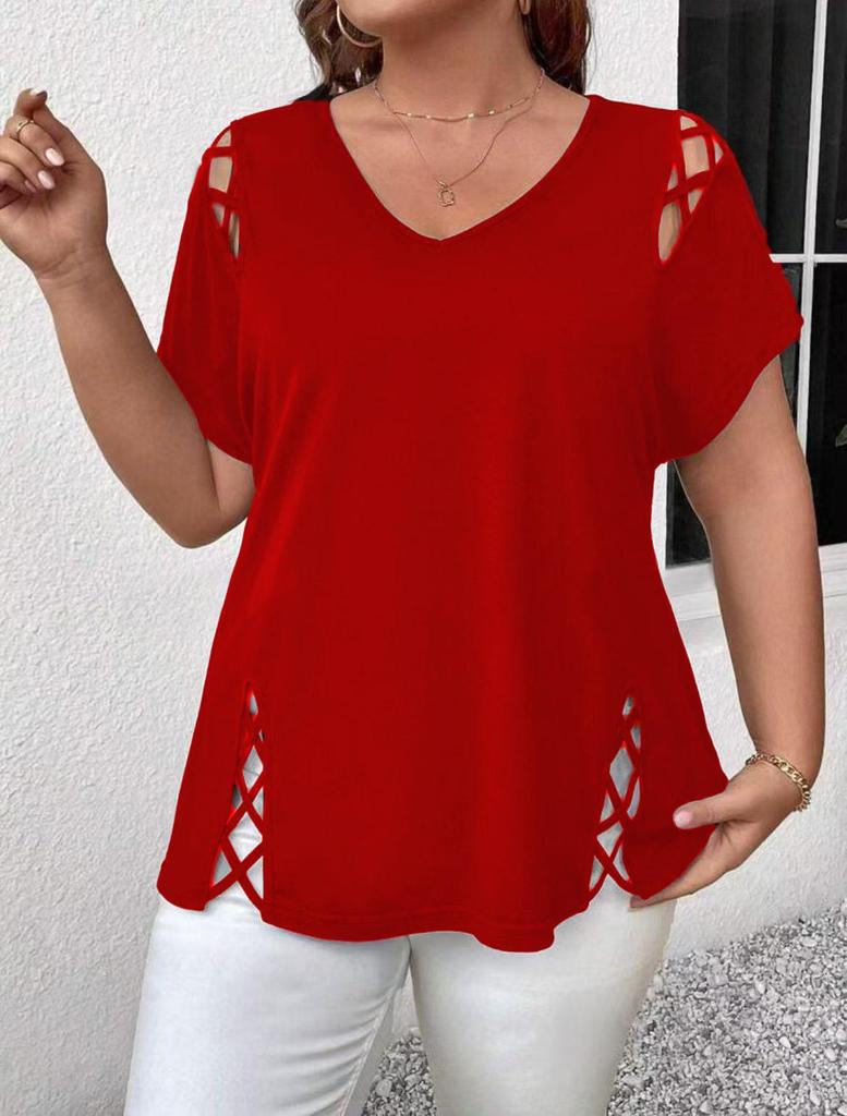 2026 Plus Size V-Neck Cross Strap Hollow Short Sleeve Women's T-shirt