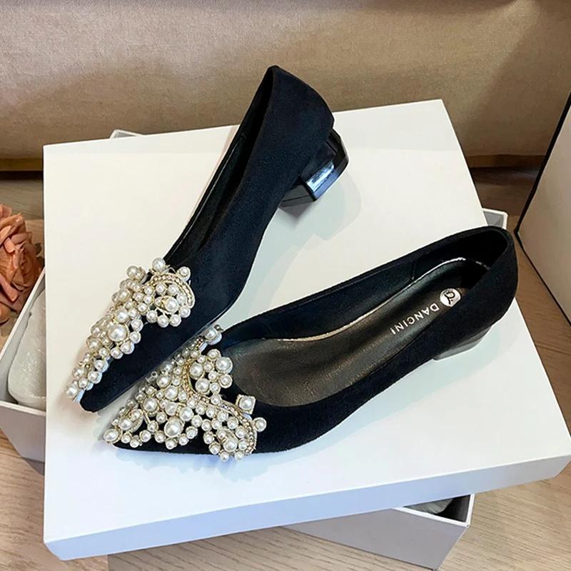 Pearl Pointed Toe Chunky Women Shoes Mid Heels Shallow Sandals Elegant 2025 Summer Pumps Loafers Sexy Zapatillas De Mujer