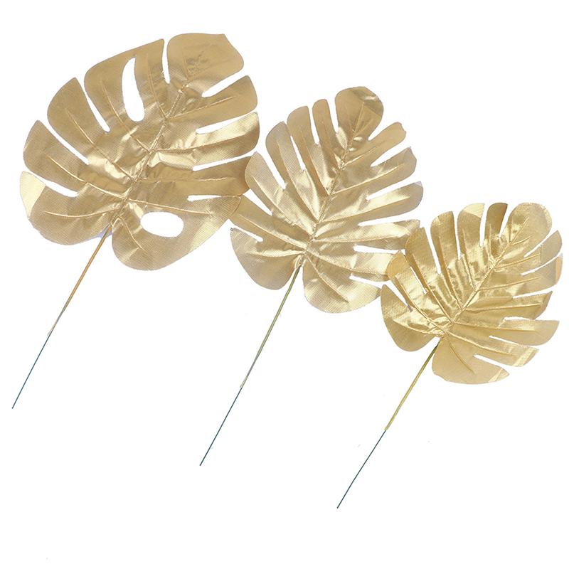 12 stk gull Kunstige falske palmeblader grønne planter Hjem bryllup DIY dekorasjon