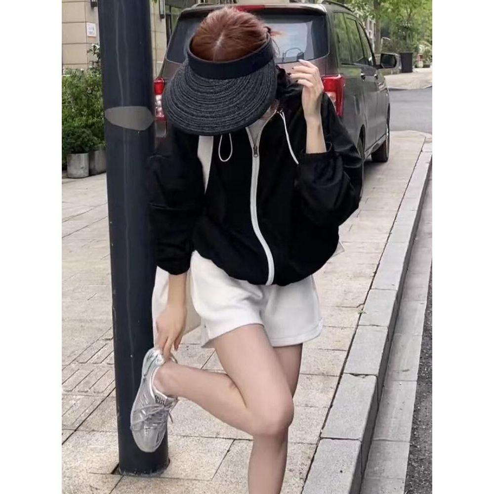 Summer 2025 Women's European Colorblock Zipper Hooded Sunscreen Jacket - Casual, Thin, Short Coat