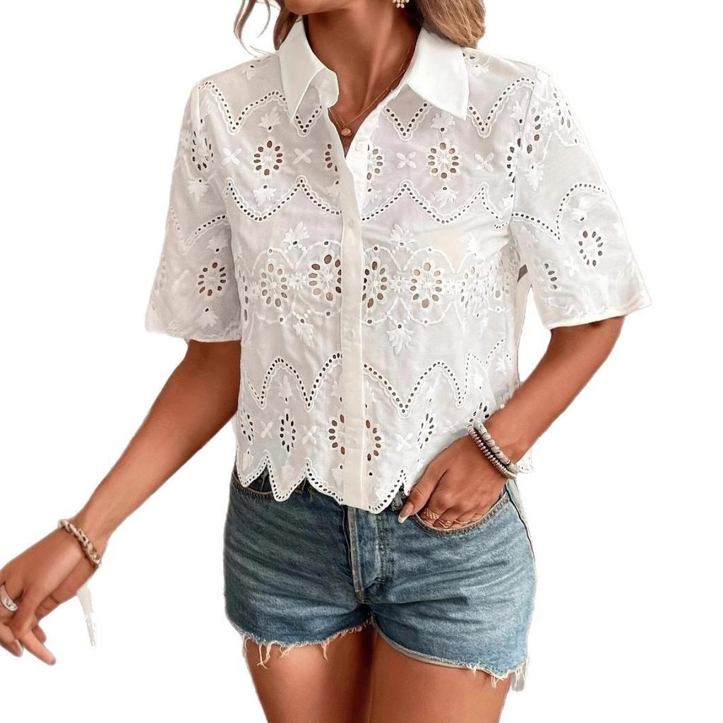 New Women's Solid Color Lace Shirt with Hollowed Out Women's Short Sleeved Casual Top