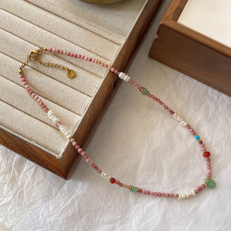 Red Stone Necklace, Natural Stone Collarbone Chain, Green Dongling Pendant, Dopamine Premium Sense Beaded Agate Pearl Neck Chain.