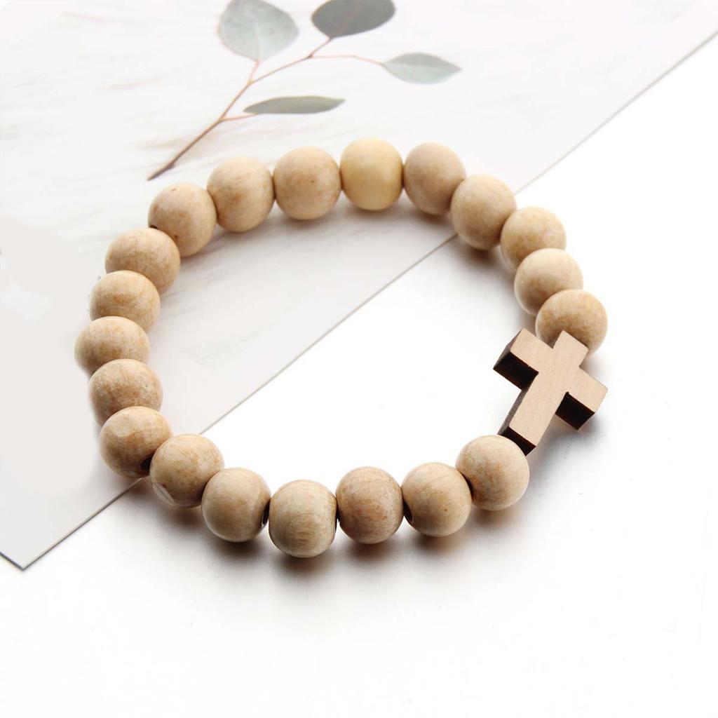 Armband med träpärlkors med naturlig finish Kors Spirituellt armband för religiös tröst och miljövänlig stil