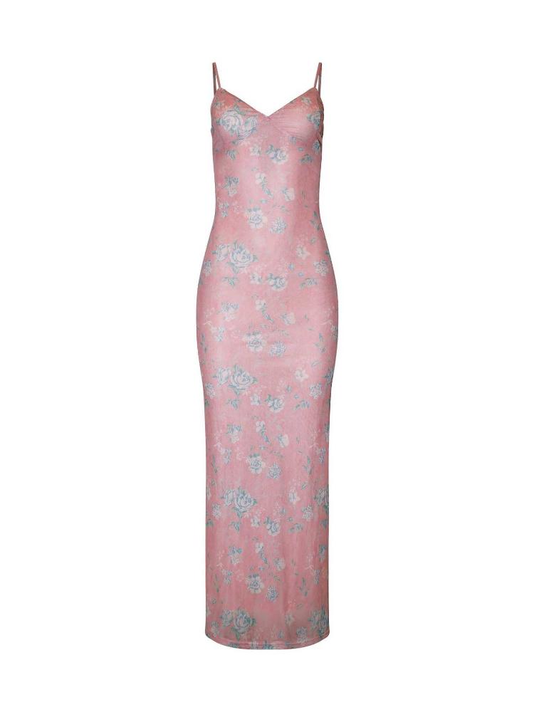 Damen Sexy Geblümtes Maxikleid V-Ausschnitt Spaghettiträger mit Offenem Rücken Figurbetontes Geblümtes Rückenfreies Kleid für Sommerurlaub Strand Romantische Anlässe