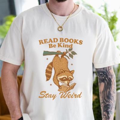Read Books Be Kind Stay Weird Shirt and Kids Tshirt, Raccoon Reading T-Shirt and Kids Tshirt, Funny Book Lover Gift