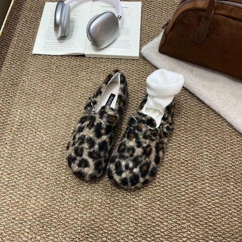 Retro leopard print thick-soled velvet Mary Jane Doudou cotton shoes women s fashion warm fluffy shoes women s autumn and winter wear 40 леопардовый