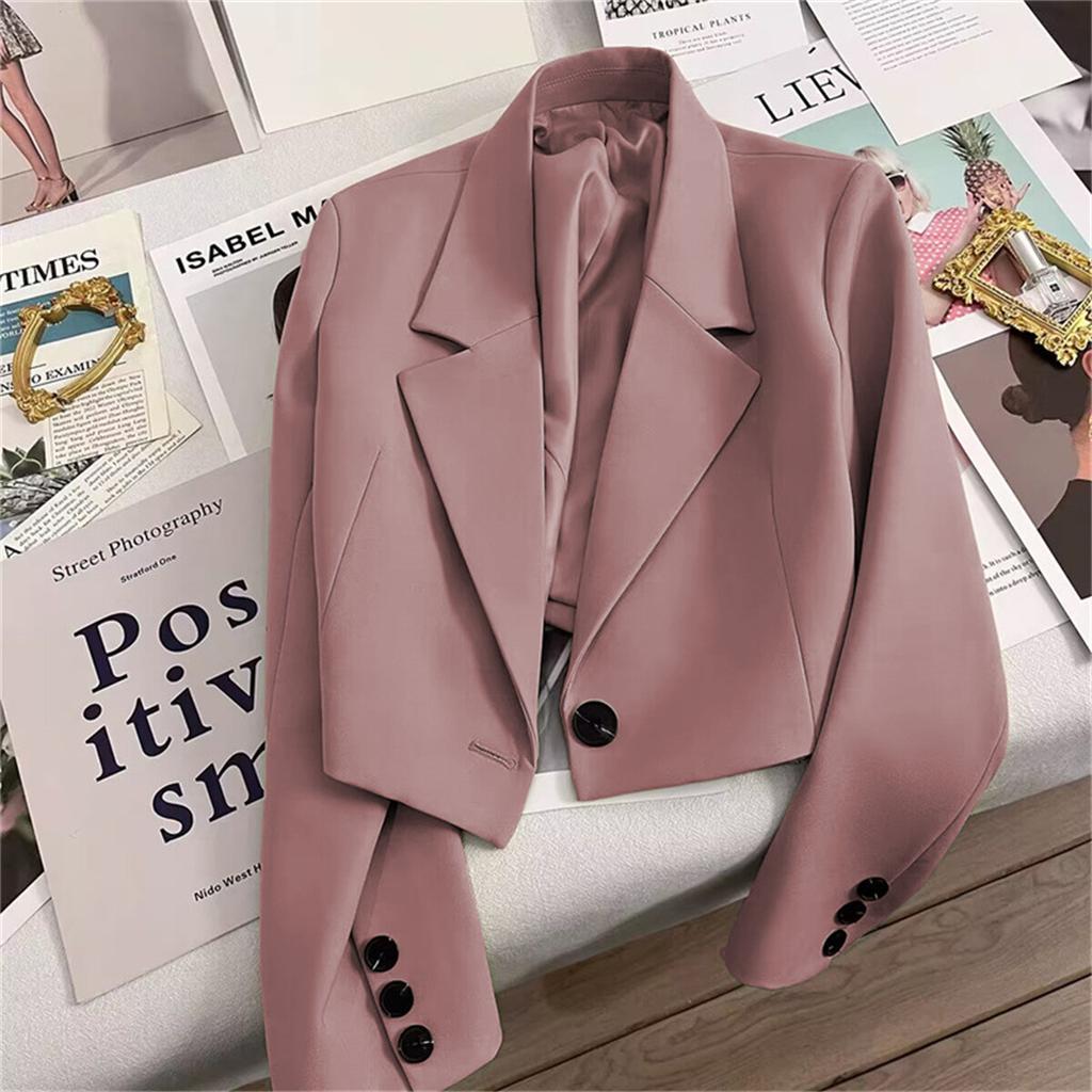 Fashion Cropped Blazers Jacket Women Long Sleeve Office Ladies Streetwear Solid Color Single Button Short Suit Coat