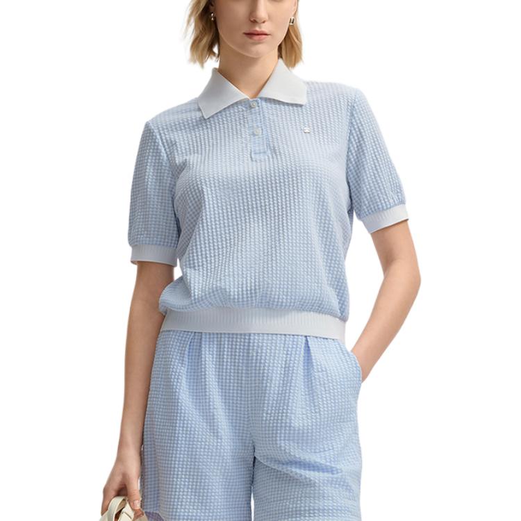 Fila White Bubble Check Simple Plaid Casual Commuter Versatile Short Sleeve Polo Shirt Women Polo Shirts Ice-Blue F11W523111F-LB