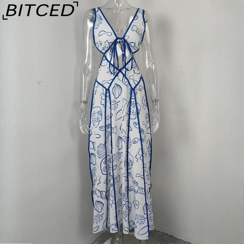 BITCED Women's Strapless Dress: Elegant Print Casual Tie-Waist Crop Top Sexy Dress