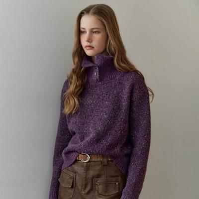 Sequin Mix Button High Neck Knit