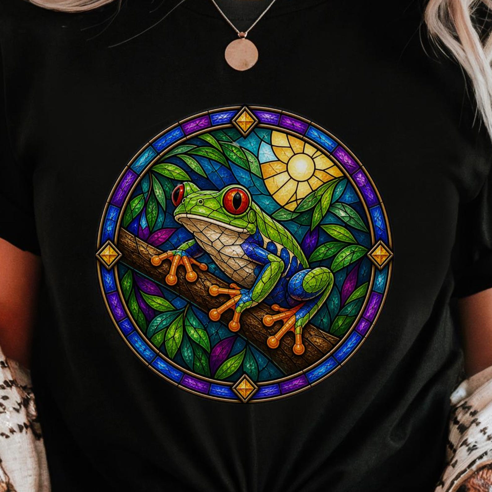 Tree Frog Stained Glass Shirt | Colorful Nature Amphibian Tee | Botanical Wildlife Art T-Shirt M