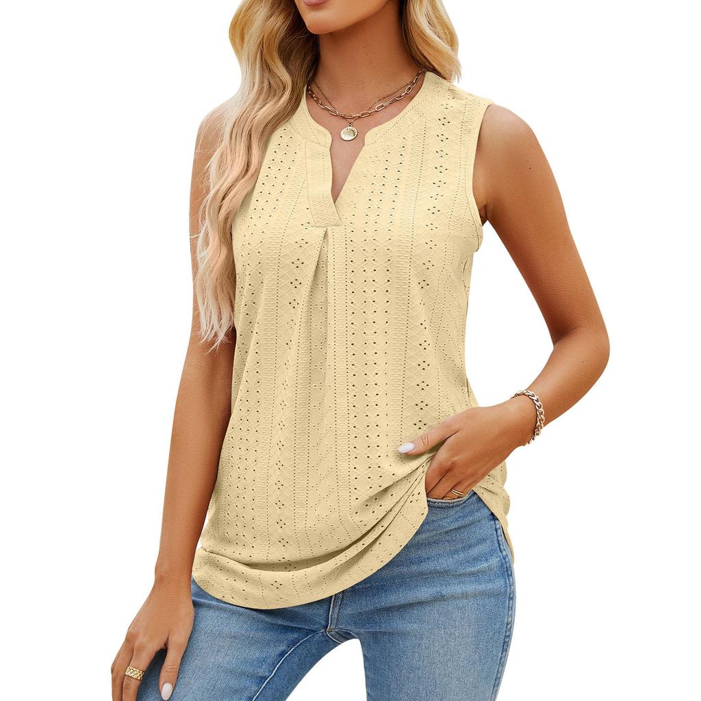 Casual Summer Hollow Out V-Neck Sleeveless Blouses for Women Fashion Elegant Loose Tank Tops for Women Solid Pullover Tunic