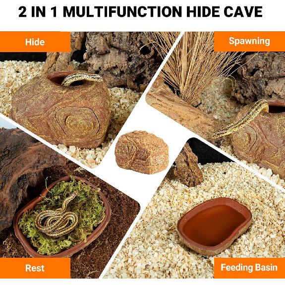 REPTI ZOO Gecko Hide Cave, 2 in 1 Snake Reptile Hideout for Hide & Rest & Breed & Feeding, Reptile & Amphibian Habitat Decor for Corn Snake, Small