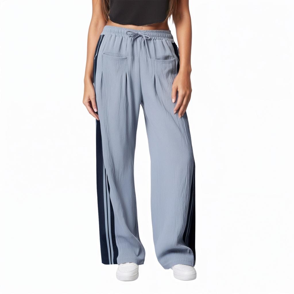 Women's Striped Side Loose Pants, Casual Waist Cinched Slanted Pocket Loose Pants