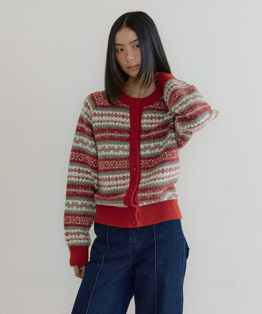Lucir Zu Fair Isle Raglan Sweater Cardigan (Red)