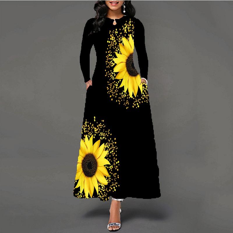 Women's large-size dress digital printing long-sleeved pendulum D temperament elegant
