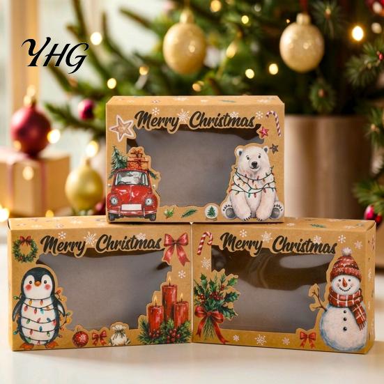 Festive Party Favor Boxes 6Pcs Christmas Paper Gift Boxes, Xmas Color Printed Foldable Cookie Treat Eco Friendly Holiday Bakery Packaging for