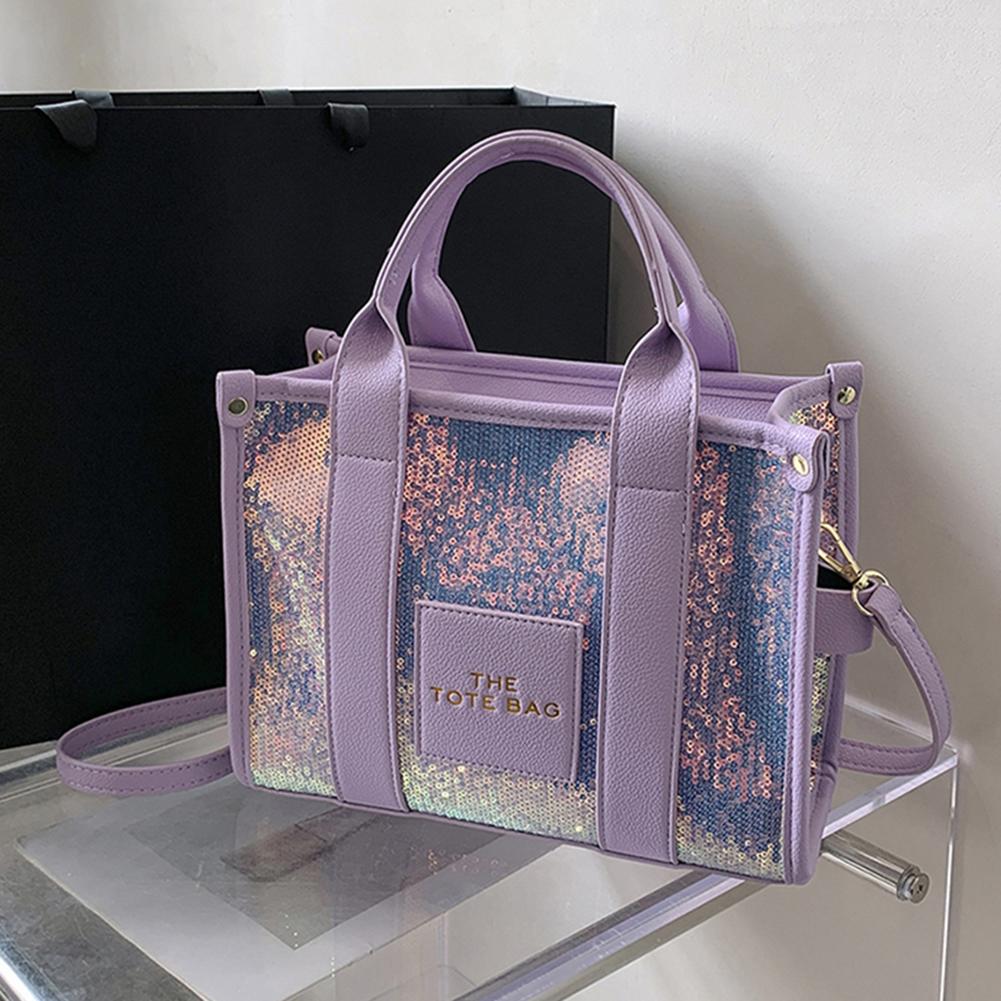 

Women Party Tote Bag PU Leather Sequins Top-Handle Bags Casual Fashion Shiny Portable Adjustable Straps Shopper Tote Purse фіолетовий