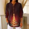 Women's Fashionable Button Collar Long-sleeved Christmas Print Pullover Top