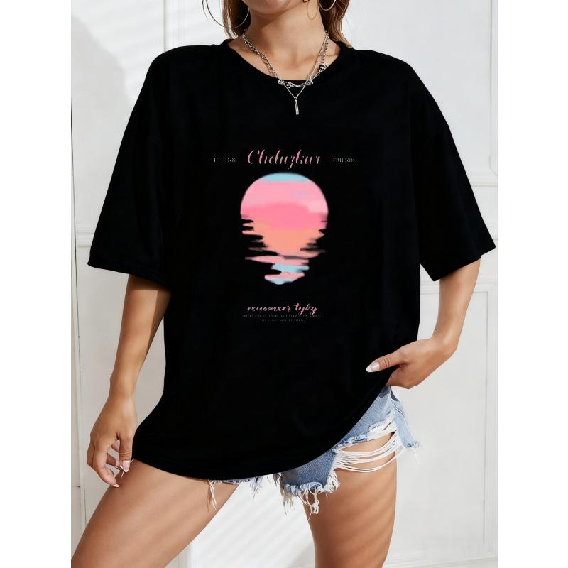 

White Oversized T Shirt With Abstract Sunset Print And Text For Casual Wear XXXL чёрный