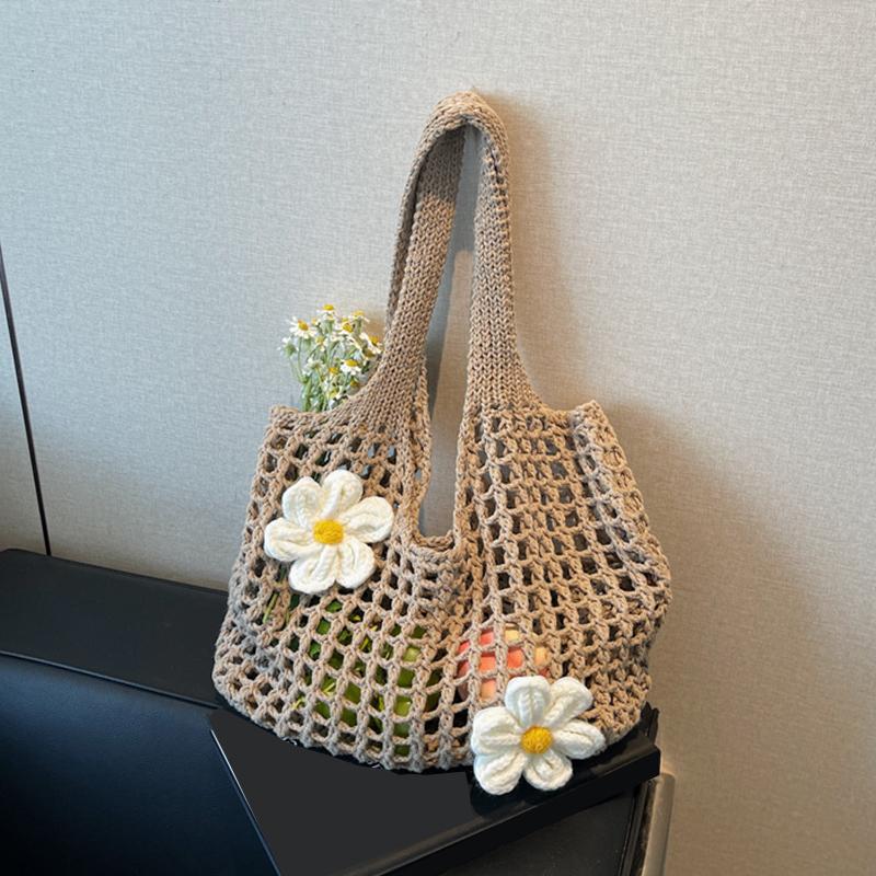 Yogodlns Fashion Summer Beach Floral Decor Women Shoulder Bag Female Hollow Handwoven Knitted Soft Handbag Large Casual Tote Bag
